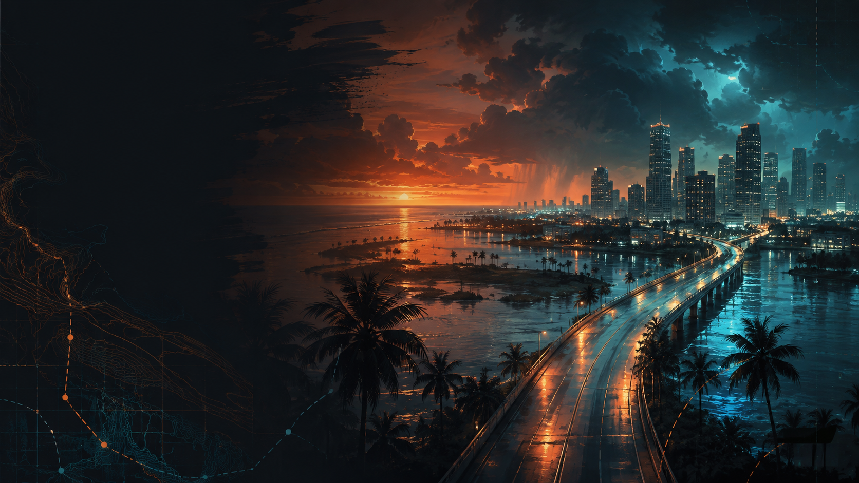 Neon coastal city, wetlands and causeway at dusk with tactical map overlays.